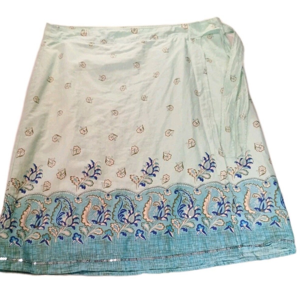 Vintage 2005 Old Navy Boho Paisley Wrap Skirt Blue Cotton Sequin Hem Size 10 - Picture 16 of 16